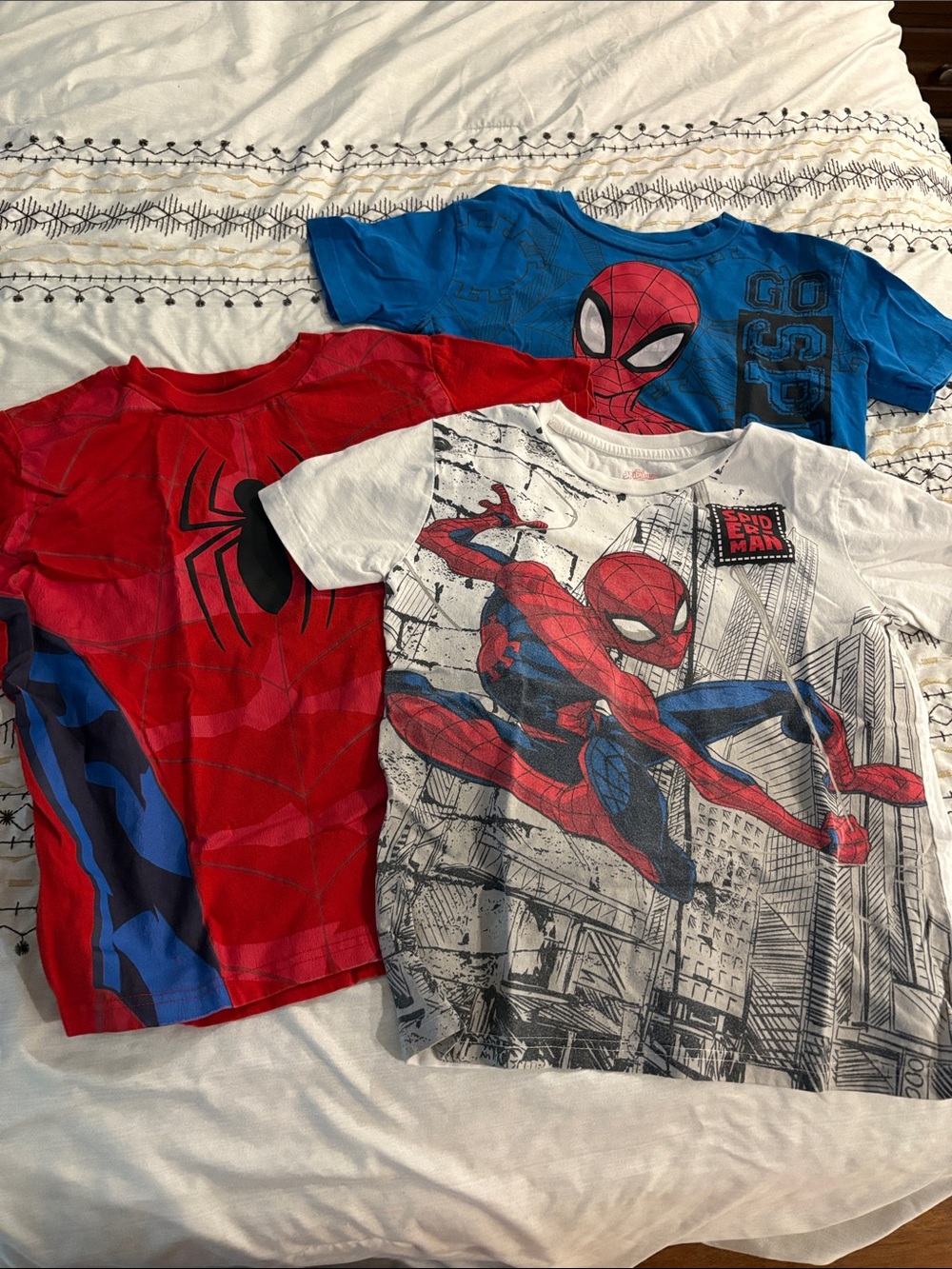 Spiderman White Tee with Red and Blue Comic Hero Print